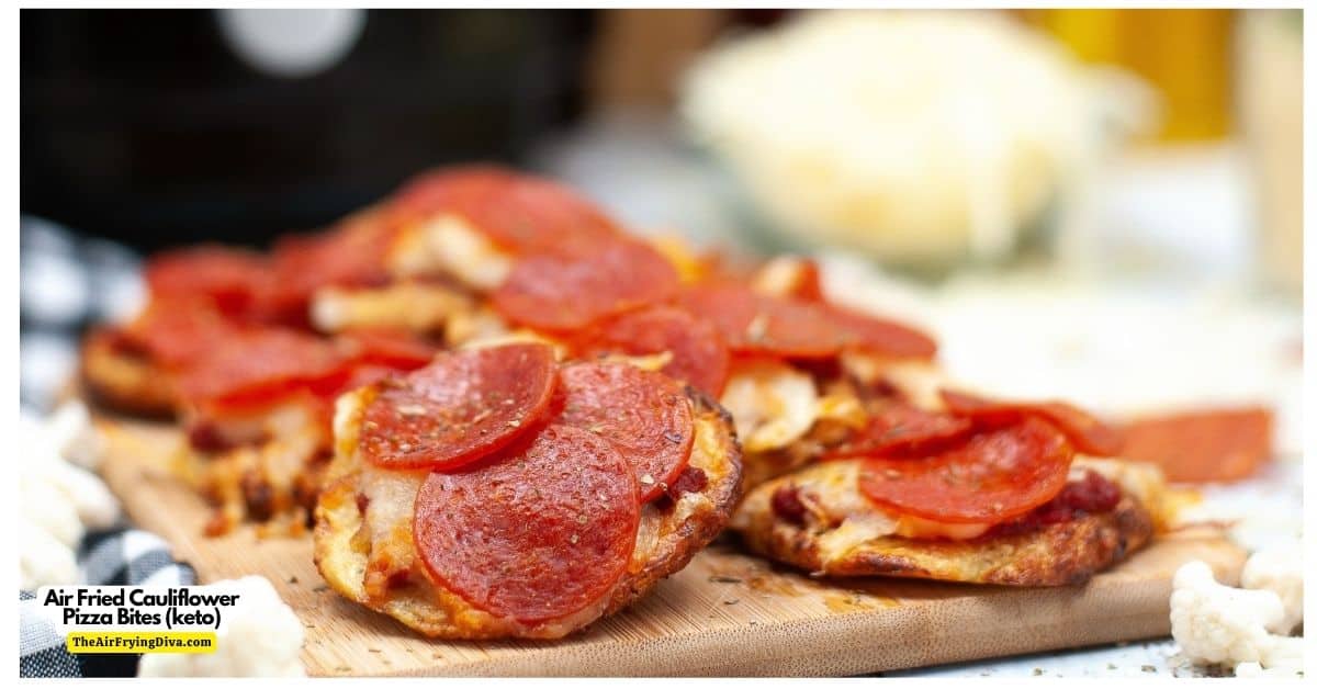 Air Fryer Cauliflower Crust Pepperoni Pizzas, a simple and delicious recipe for a bite sized snack, appetizer, or meal. Gluten Free, Low Carb