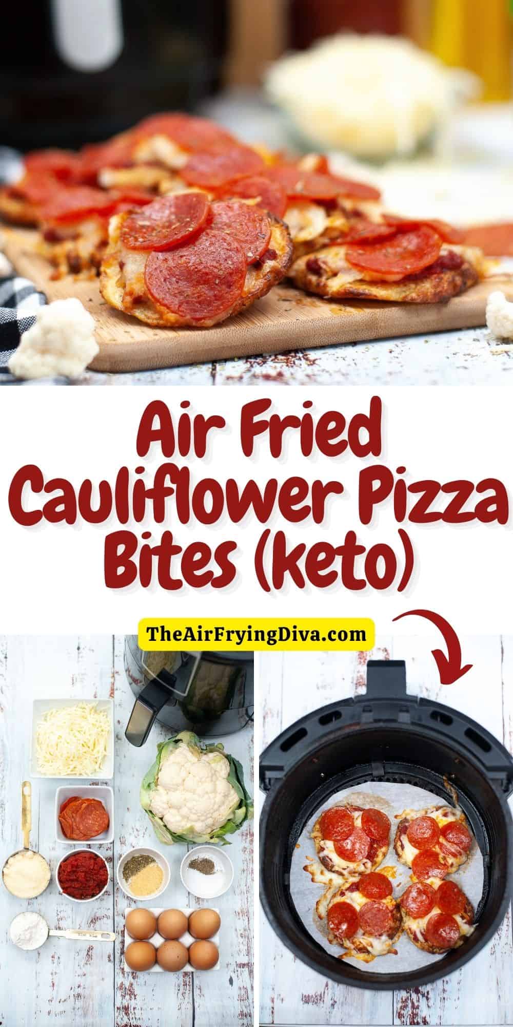 Air Fryer Cauliflower Crust Pepperoni Pizzas, a simple and delicious recipe for a bite sized snack, appetizer, or meal. Gluten Free, Low Carb