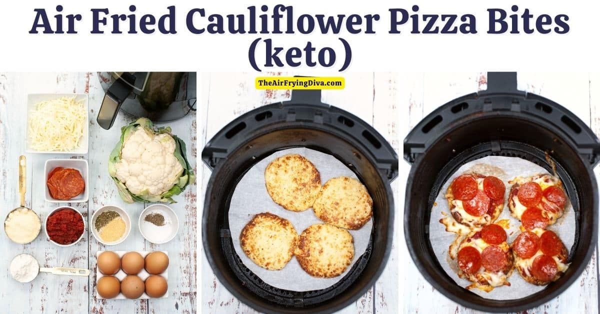 Air Fryer Cauliflower Crust Pepperoni Pizzas, a simple and delicious recipe for a bite sized snack, appetizer, or meal. Gluten Free, Low Carb