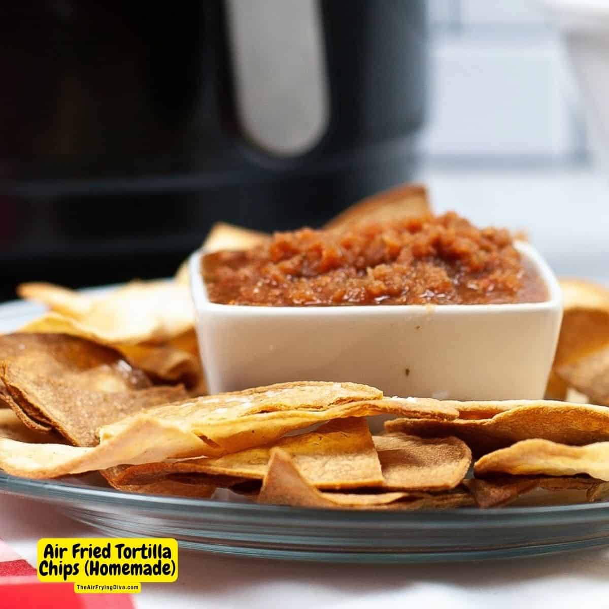 Air Fried Tortilla Chips (Homemade), a simple three ingredient recipe for making crispy chips without deep frying.