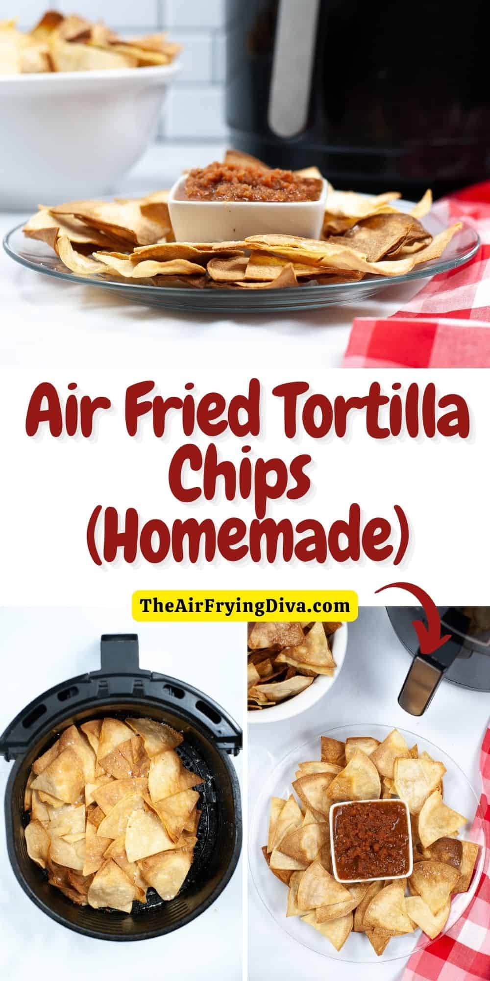 Air Fried Tortilla Chips (Homemade), a simple three ingredient recipe for making crispy chips without deep frying.