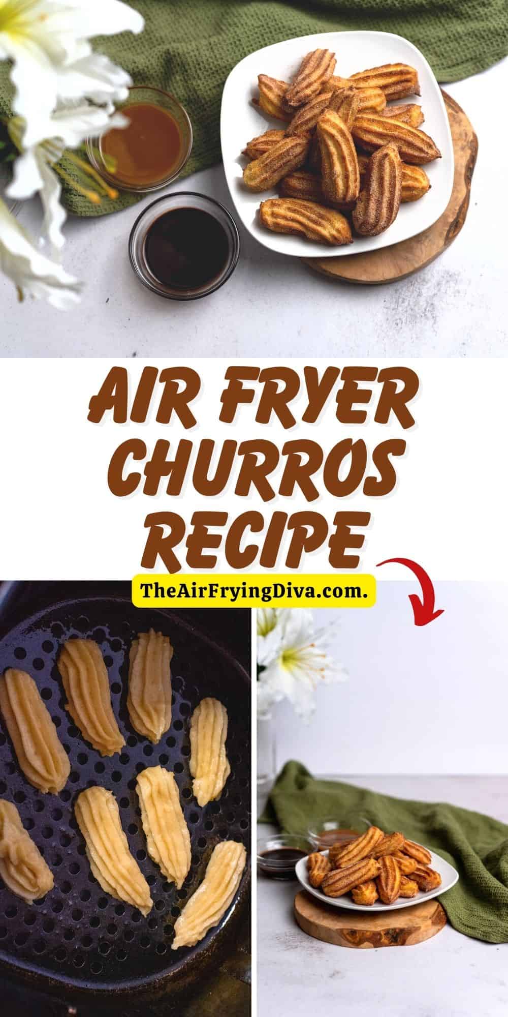 Air Fryer Churros Recipe, a delicious snack or dessert recipe featuring a crisp and sweet pastry without frying it in oil.