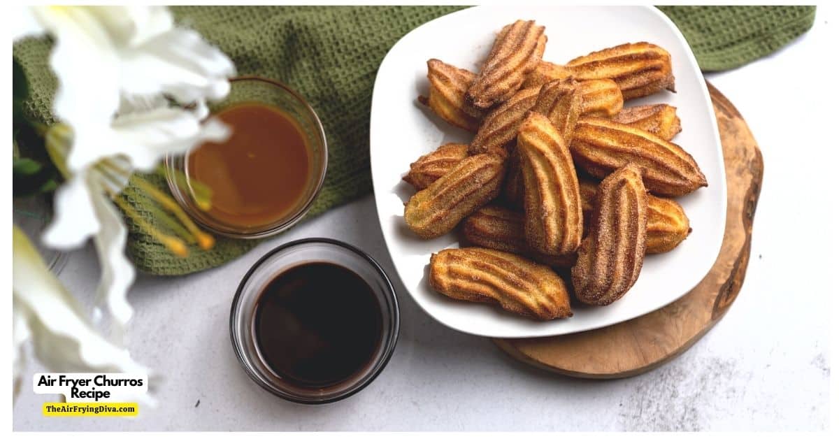 Air Fryer Churros Recipe, a delicious snack or dessert recipe featuring a crisp and sweet pastry without frying it in oil.