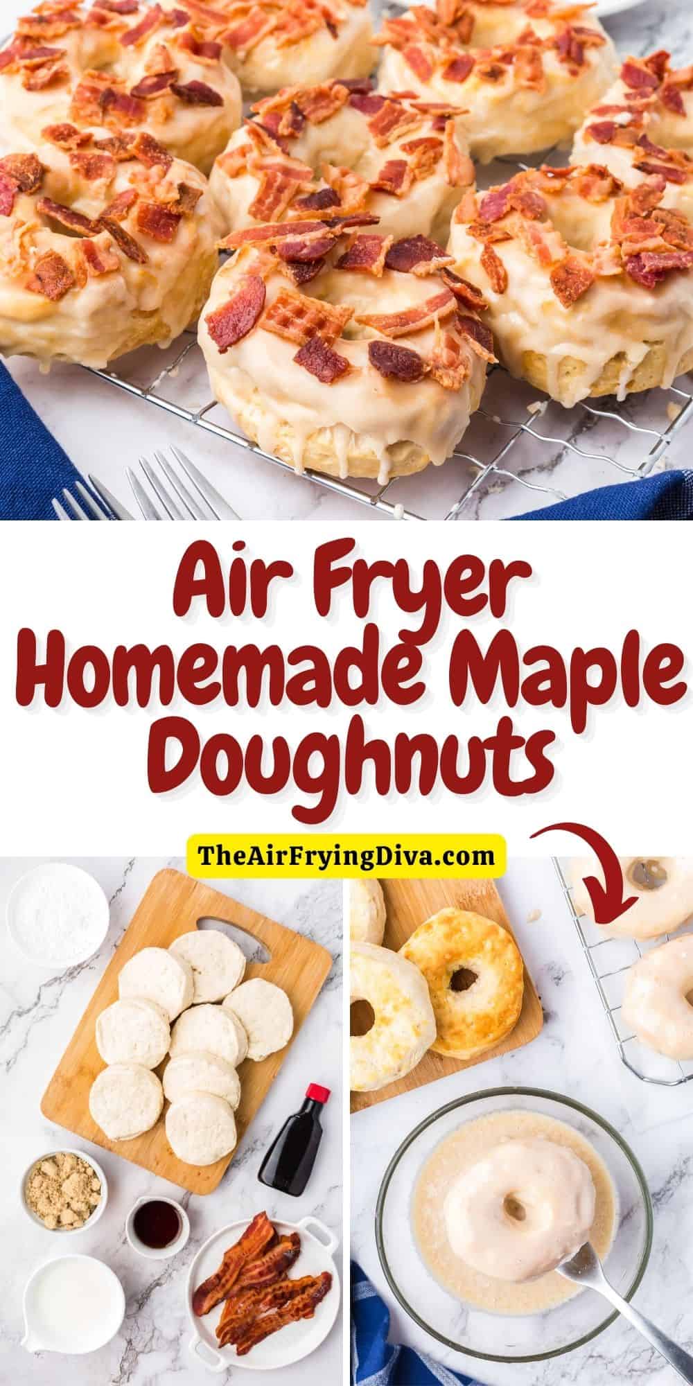 Air Fryer Maple Doughnuts With Bacon, a simple and delicious homemade donut recipe made with biscuit dough and topped with glaze.