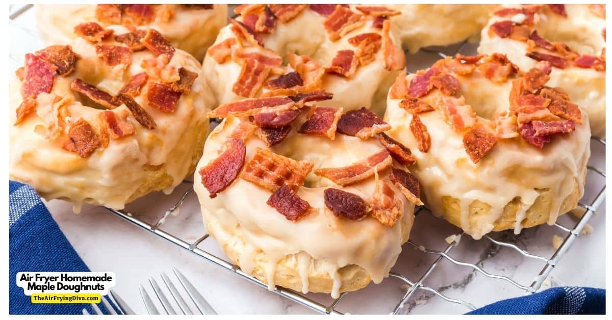 Air Fryer Maple Doughnuts With Bacon, a simple and delicious homemade donut recipe made with biscuit dough and topped with glaze.