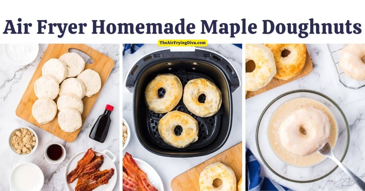 Air Fryer Maple Doughnuts With Bacon, a simple and delicious homemade donut recipe made with biscuit dough and topped with glaze.