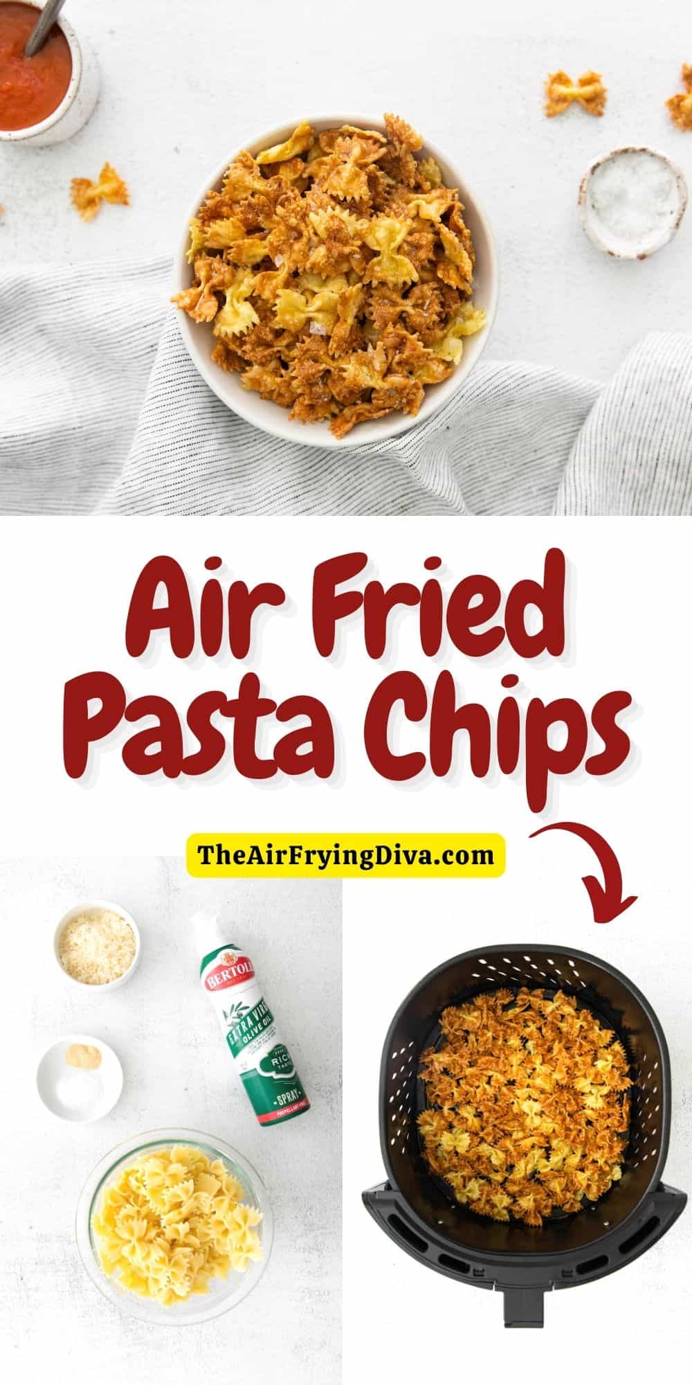 How to Make Air Fried Pasta Chips, a simple and delicious crunchy snack or appetizer recipe made from cooked pasta.