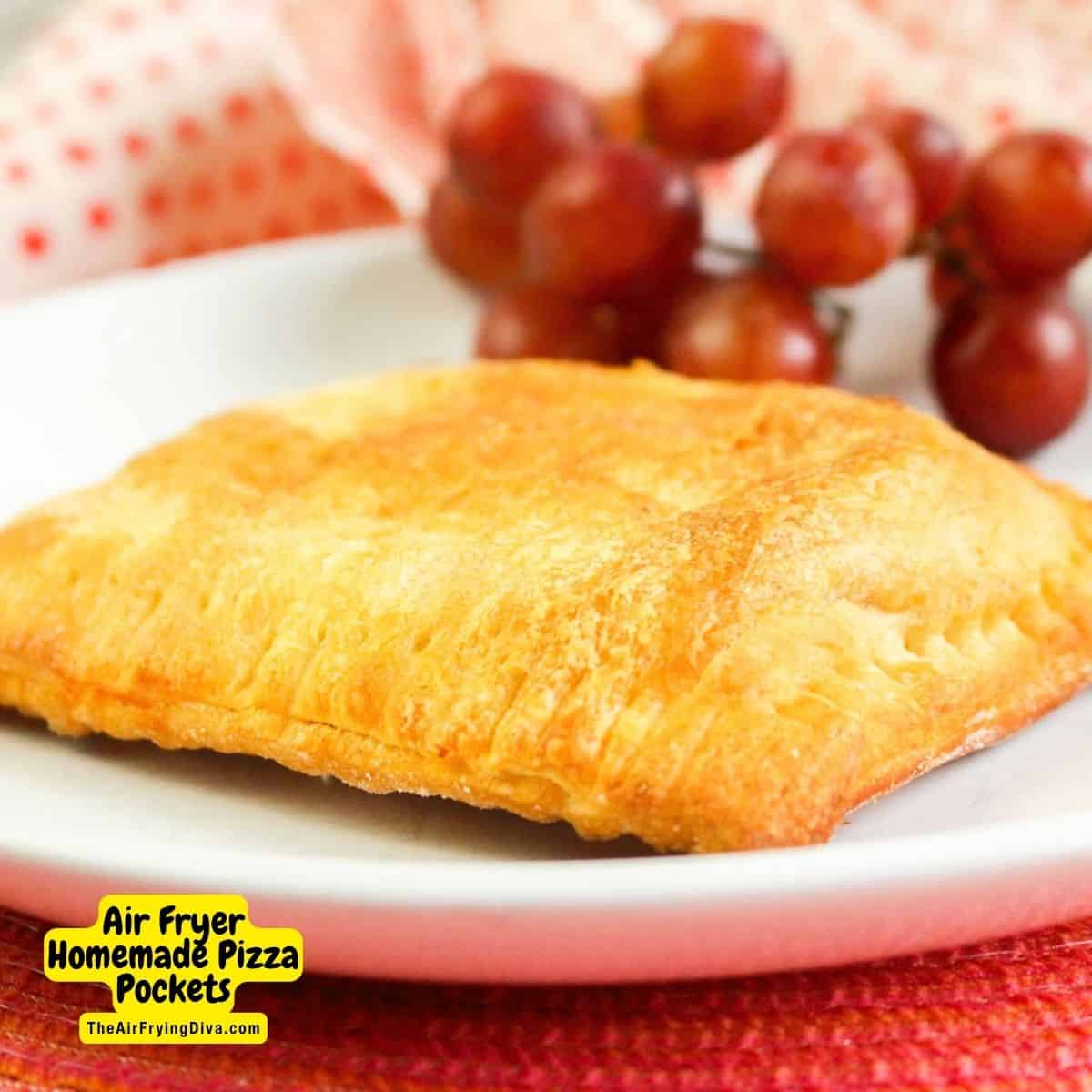 Air Fryer Homemade Pizza Pockets, a simple five ingredient snack or meal recipe made with refrigerator dough in about 10 minutes.