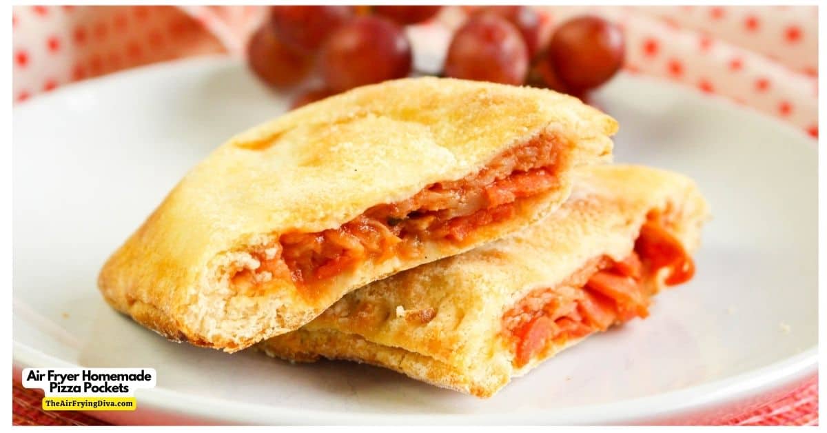 Air Fryer Homemade Pizza Pockets, a simple five ingredient snack or meal recipe made with refrigerator dough in about 10 minutes.