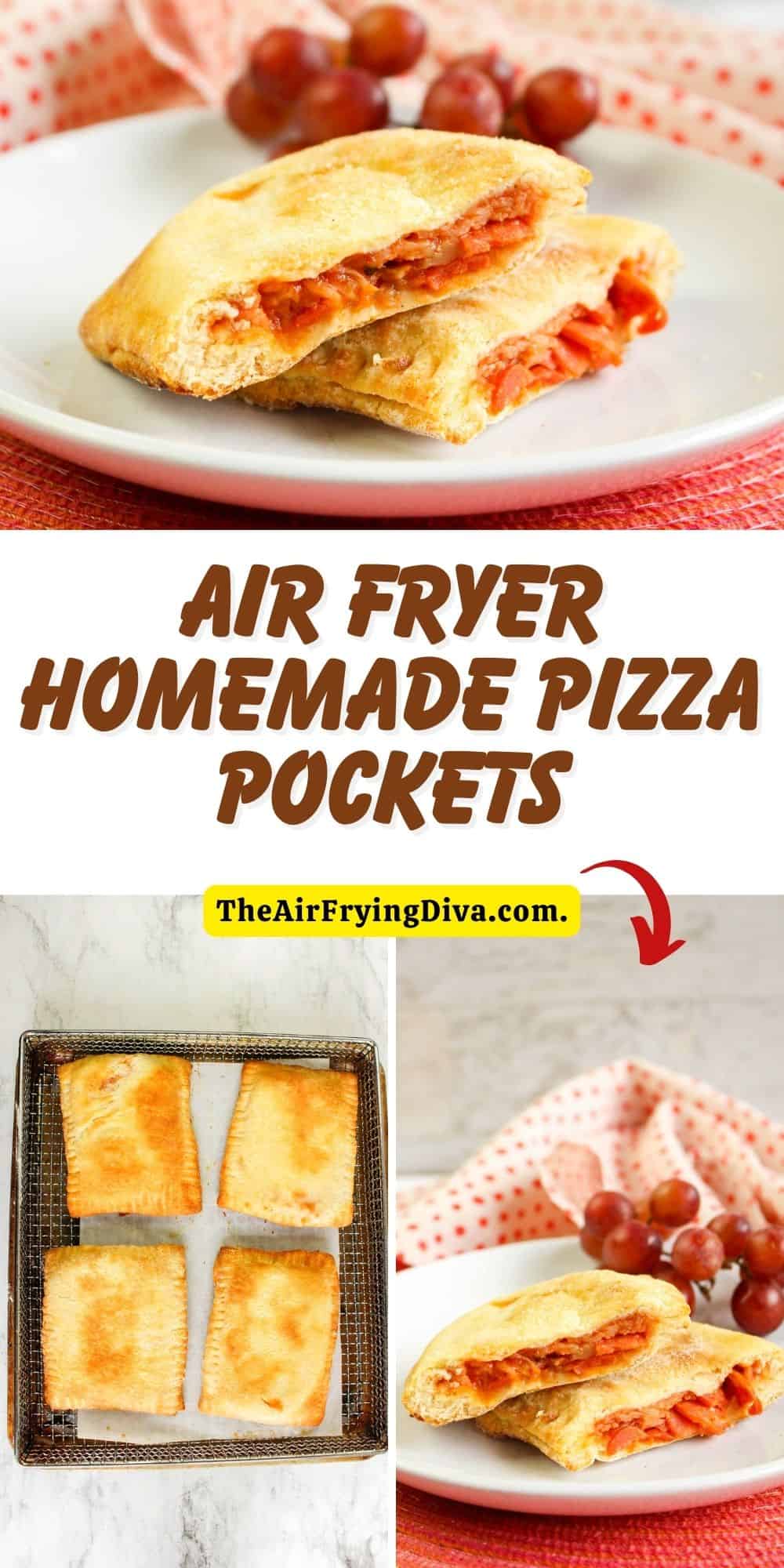 Air Fryer Homemade Pizza Pockets, a simple five ingredient snack or meal recipe made with refrigerator dough in about 10 minutes.