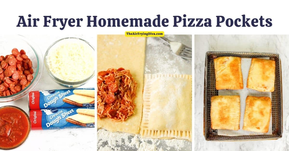 Air Fryer Homemade Pizza Pockets, a simple five ingredient snack or meal recipe made with refrigerator dough in about 10 minutes.