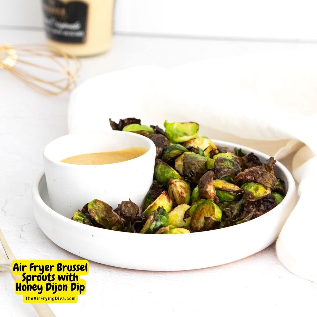 Air Fryer Brussel Sprouts with Honey Dijon Dip, a simple side or appetizer recipe made with fresh vegetables with a flavorful dip.