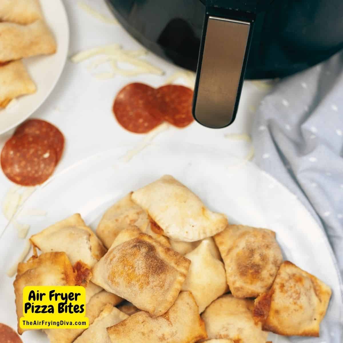 Air Fryer Pizza Bites, a simple four ingredient recipe for a bite sized appetizer or snack made in about 10 minutes.