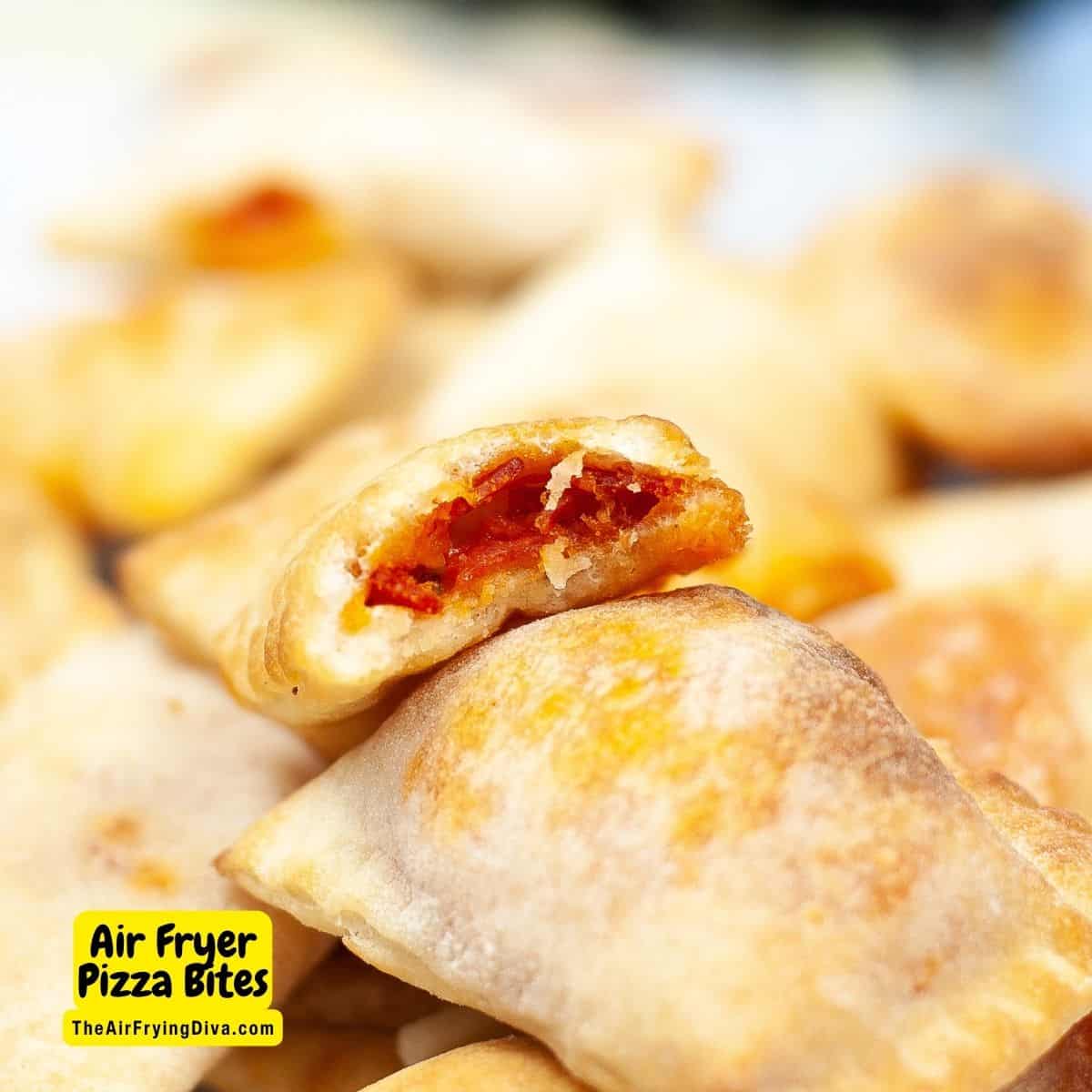 Air Fryer Pizza Bites, a simple four ingredient recipe for a bite sized appetizer or snack made in about 10 minutes.