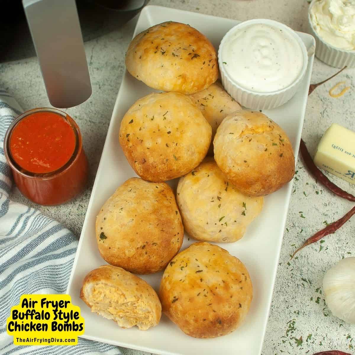 Air Fryer Buffalo Chicken Bombs, a simple 20 minute snack, appetizer, or meal recipe made with shredded chicken and biscuit dough.