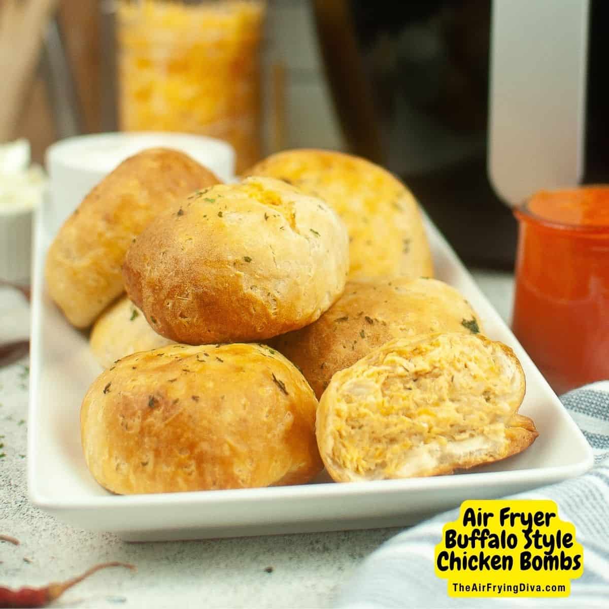 Air Fryer Buffalo Chicken Bombs, a simple 20 minute snack, appetizer, or meal recipe made with shredded chicken and biscuit dough.