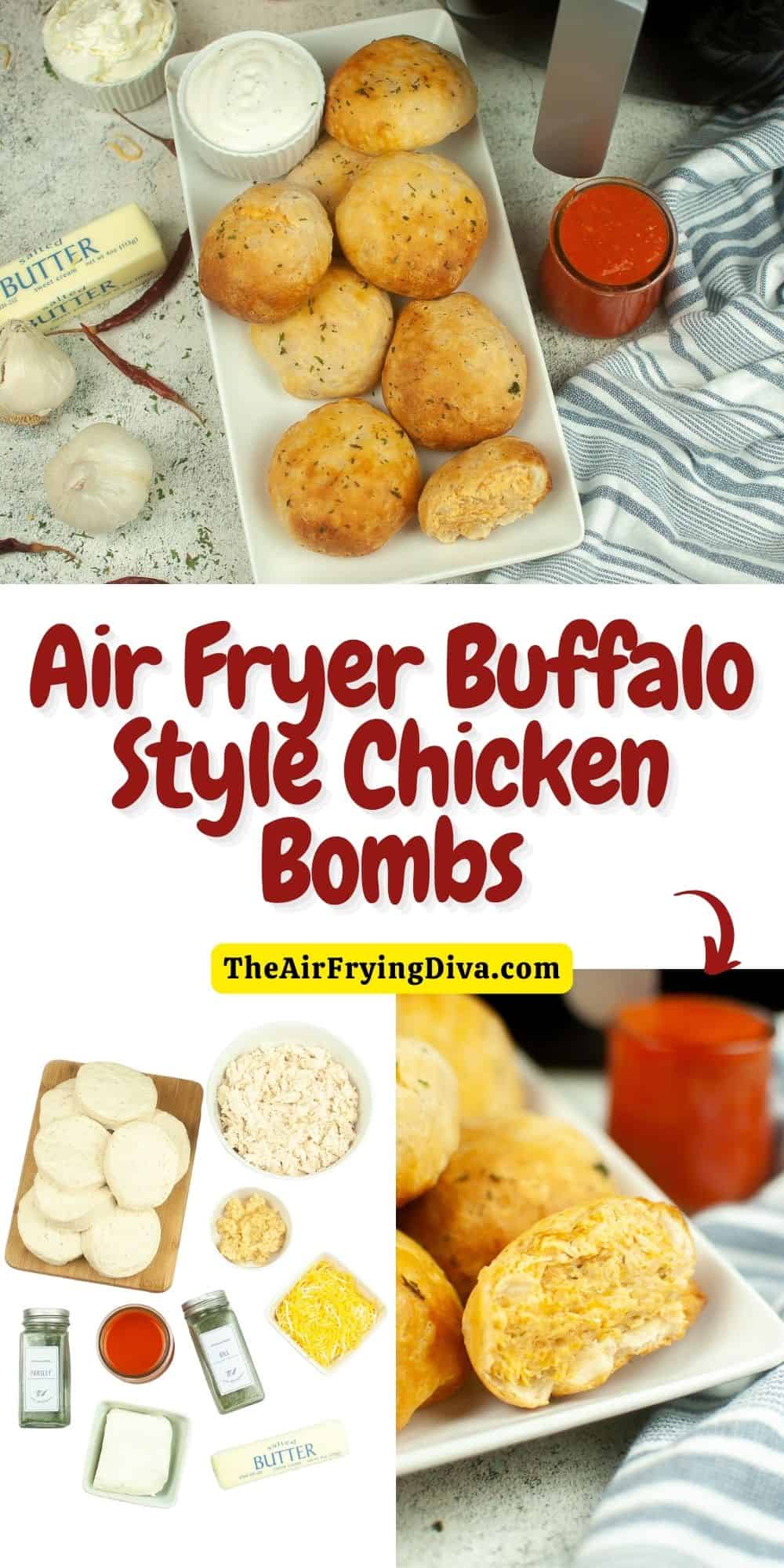 Air Fryer Buffalo Chicken Bombs, a simple 20 minute snack, appetizer, or meal recipe made with shredded chicken and biscuit dough.