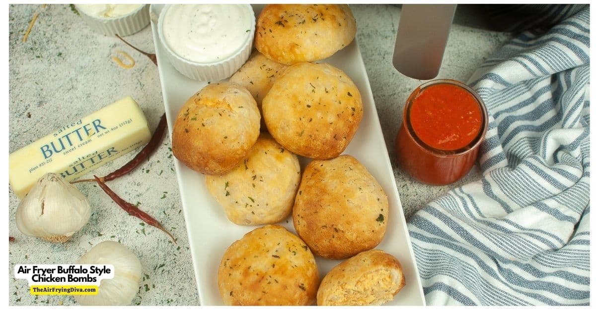 Air Fryer Buffalo Chicken Bombs, a simple 20 minute snack, appetizer, or meal recipe made with shredded chicken and biscuit dough.