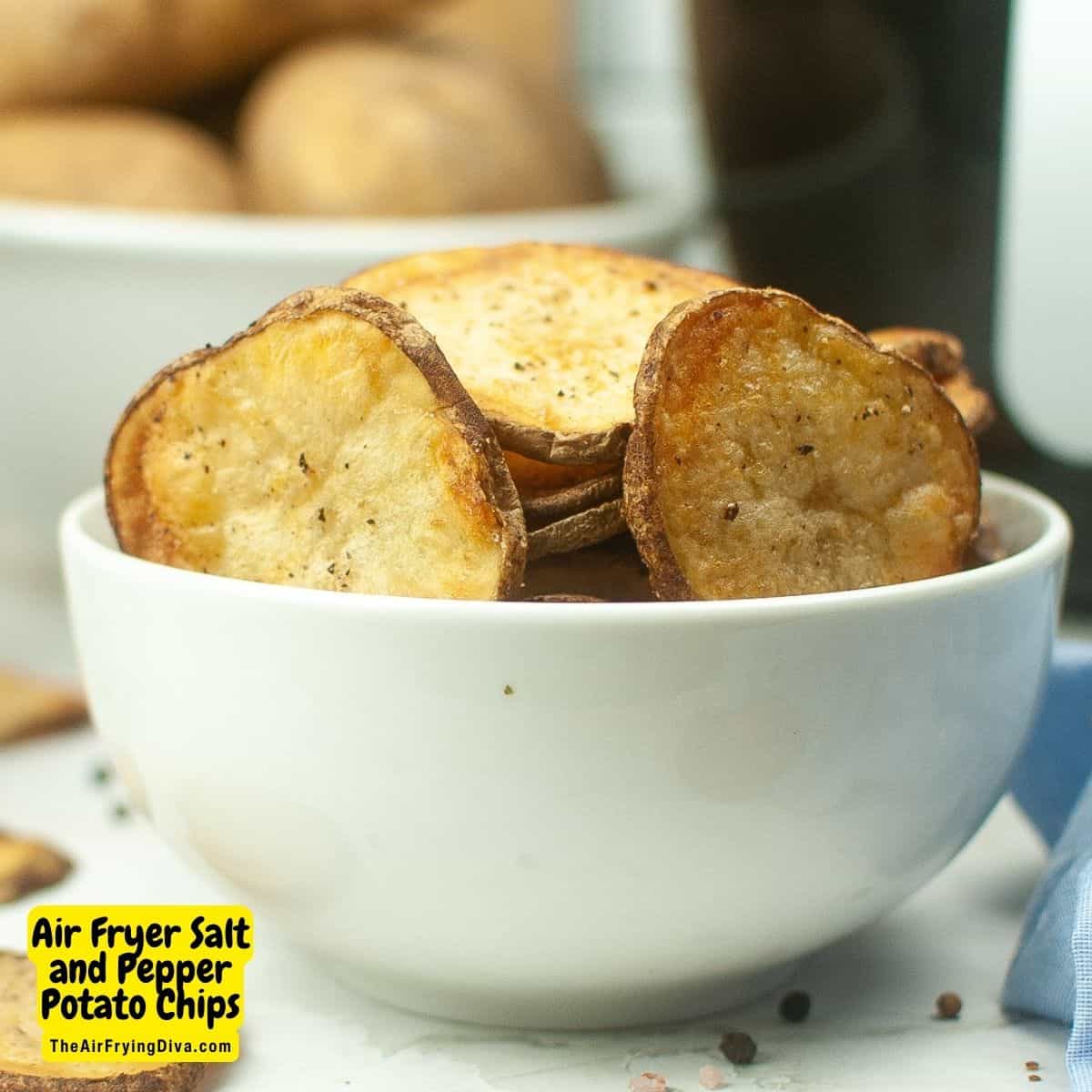 Air Fryer Salt and Pepper Potato Chips, a quick and easy  four ingredient appetizer, snack, or side dish recipe made without frying in oil.