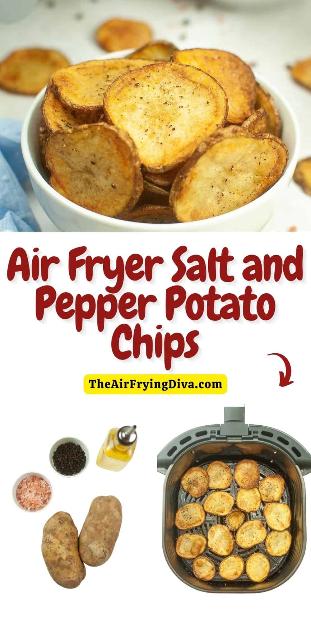 Air Fryer Salt and Pepper Potato Chips, a quick and easy  four ingredient appetizer, snack, or side dish recipe made without frying in oil.