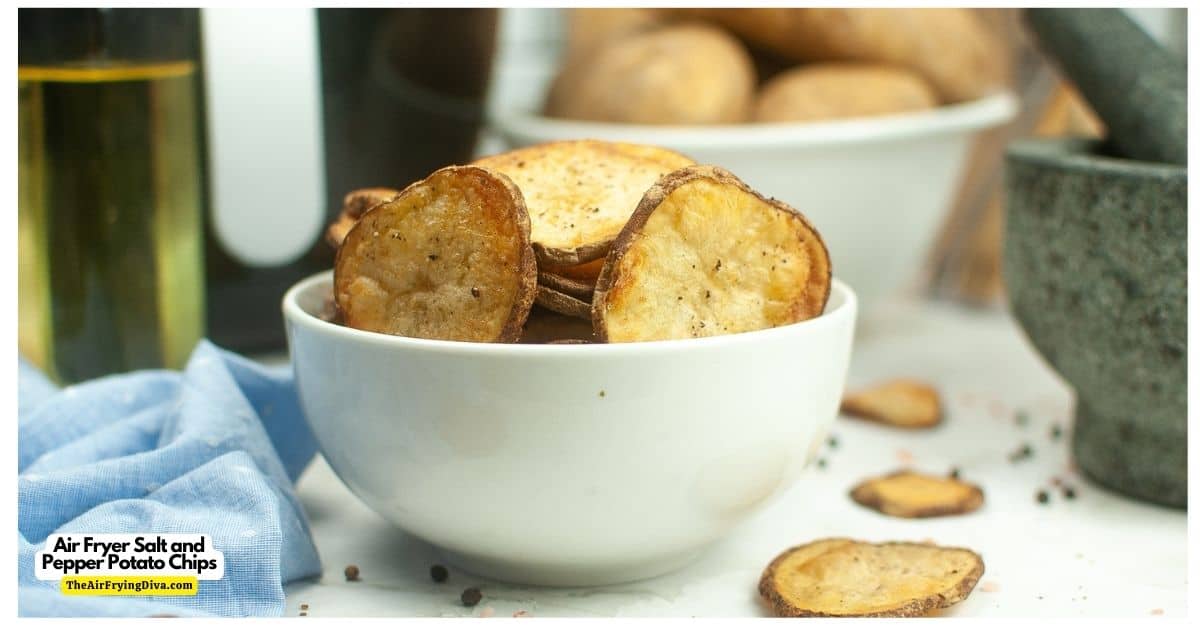 Air Fryer Salt and Pepper Potato Chips, a quick and easy  four ingredient appetizer, snack, or side dish recipe made without frying in oil.