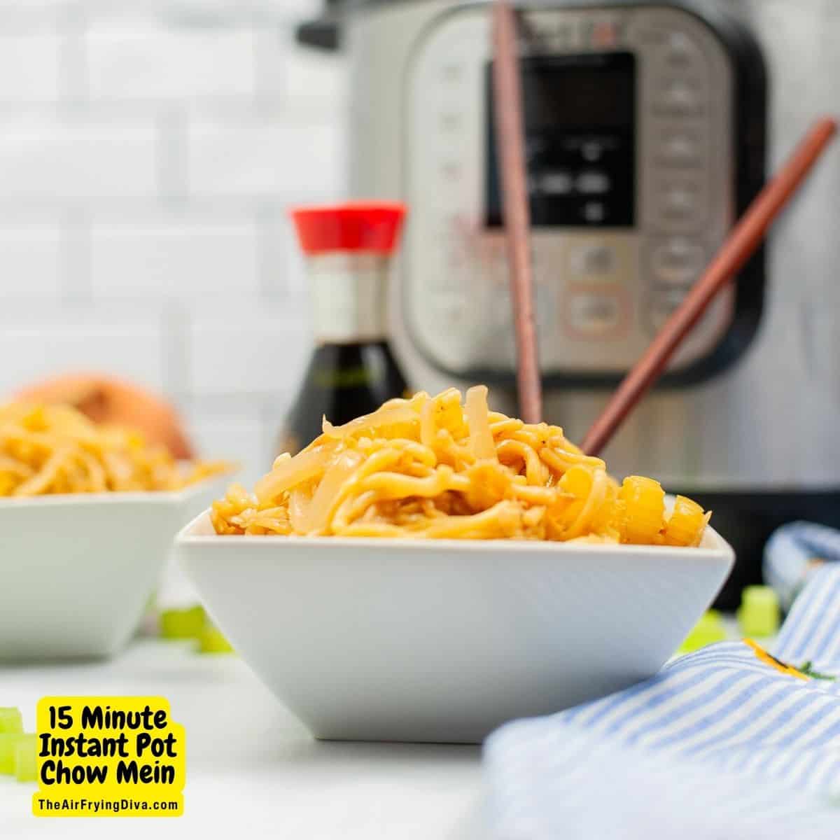 15 Minute Instant Pot Chow Mein, a simple and delicious meal or side recipe made in a pressure cooker. Vegan and Vegetarian.