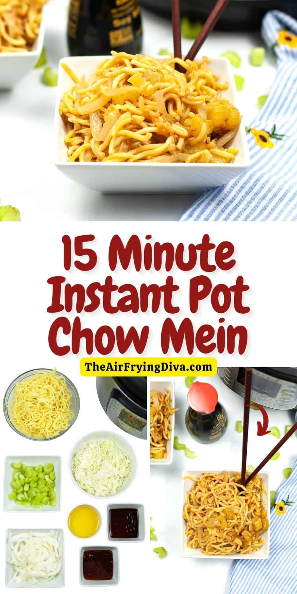 15 Minute Instant Pot Chow Mein, a simple and delicious meal or side recipe made in a pressure cooker. Vegan and Vegetarian.