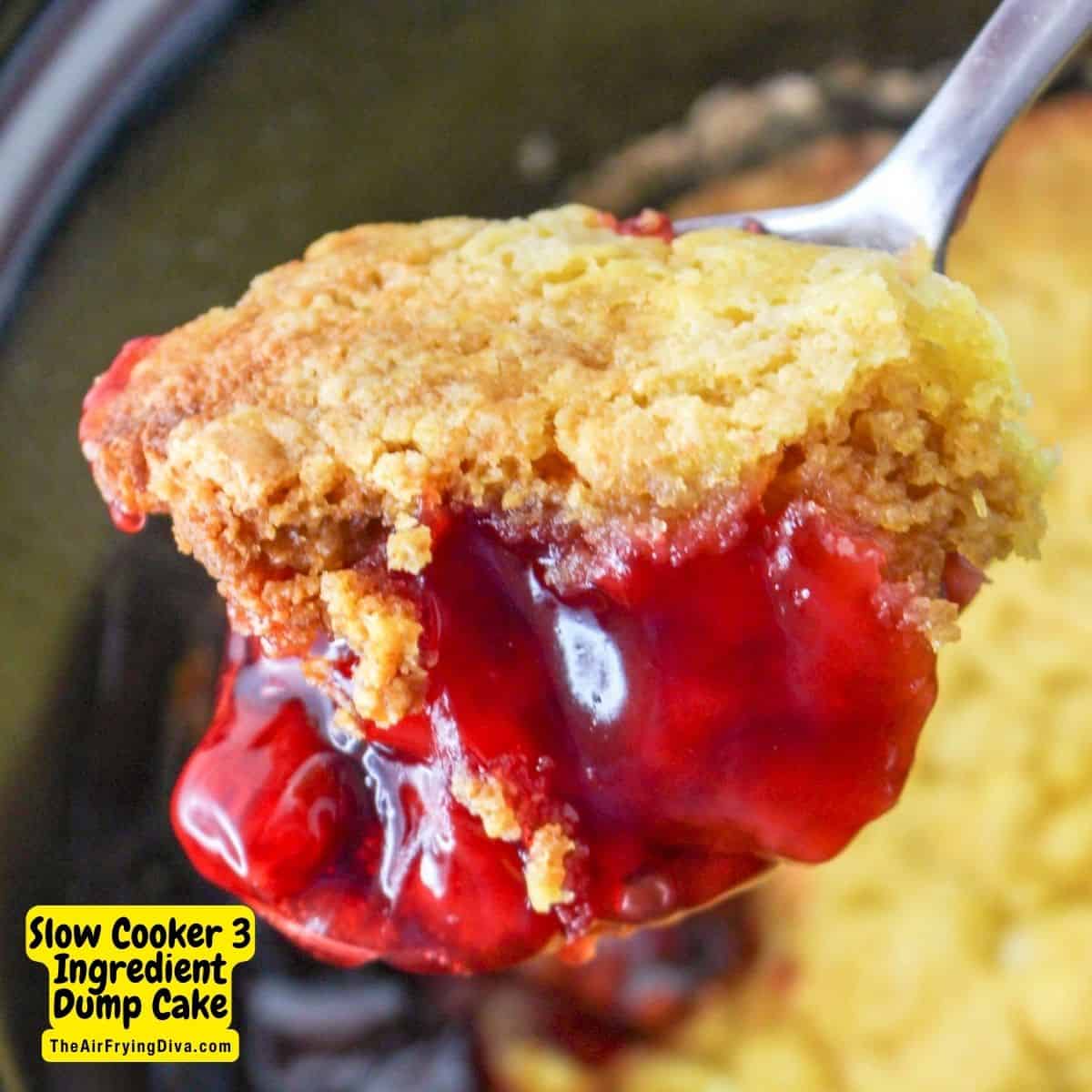 Slow Cooker three Ingredient Dump Cake, a simple and delicious three ingredient dessert recipe that can be made in a crock pot.