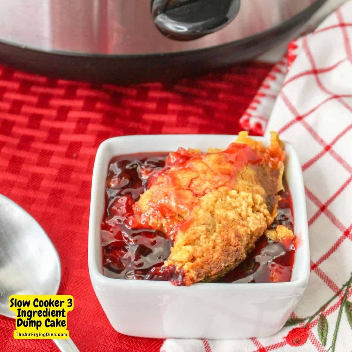 Slow Cooker three Ingredient Dump Cake, a simple and delicious three ingredient dessert recipe that can be made in a crock pot.