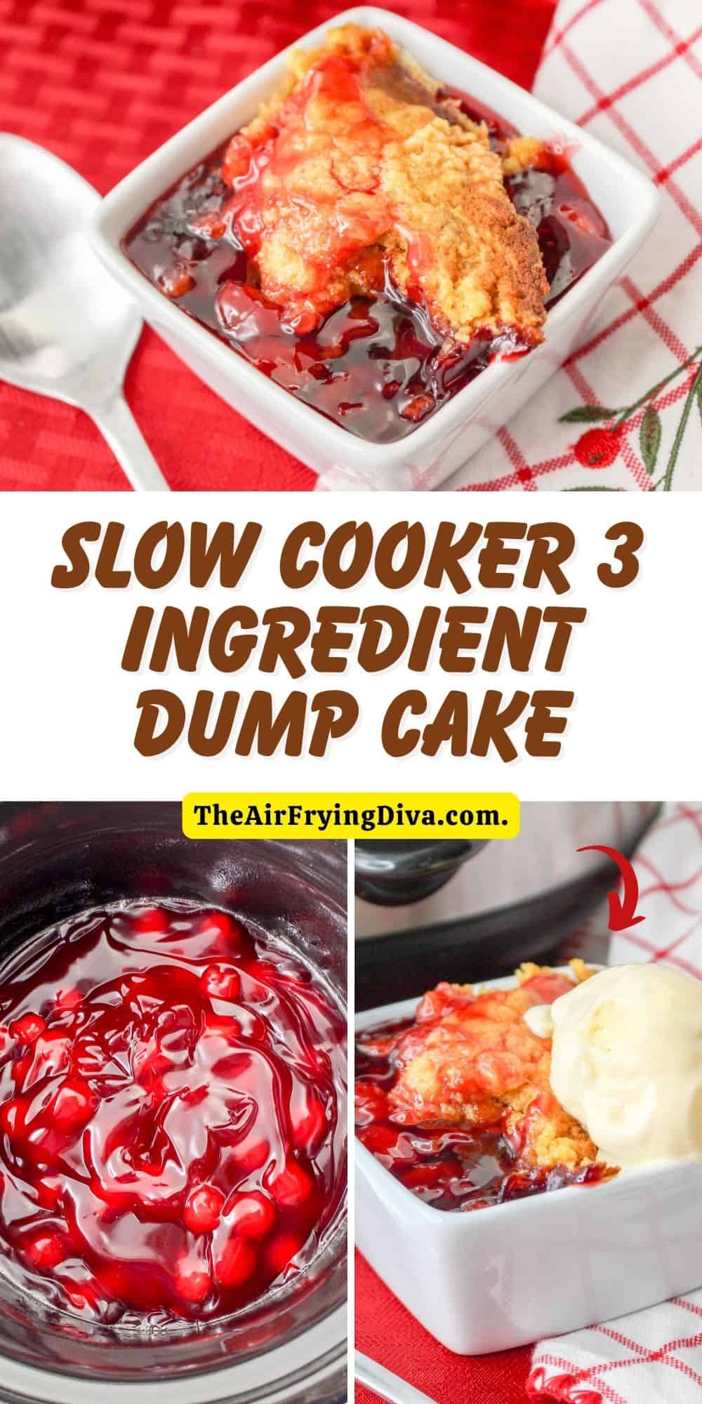 Slow Cooker three Ingredient Dump Cake, a simple and delicious three ingredient dessert recipe that can be made in a crock pot.