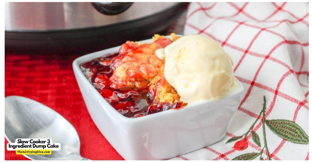 Slow Cooker three Ingredient Dump Cake, a simple and delicious three ingredient dessert recipe that can be made in a crock pot.