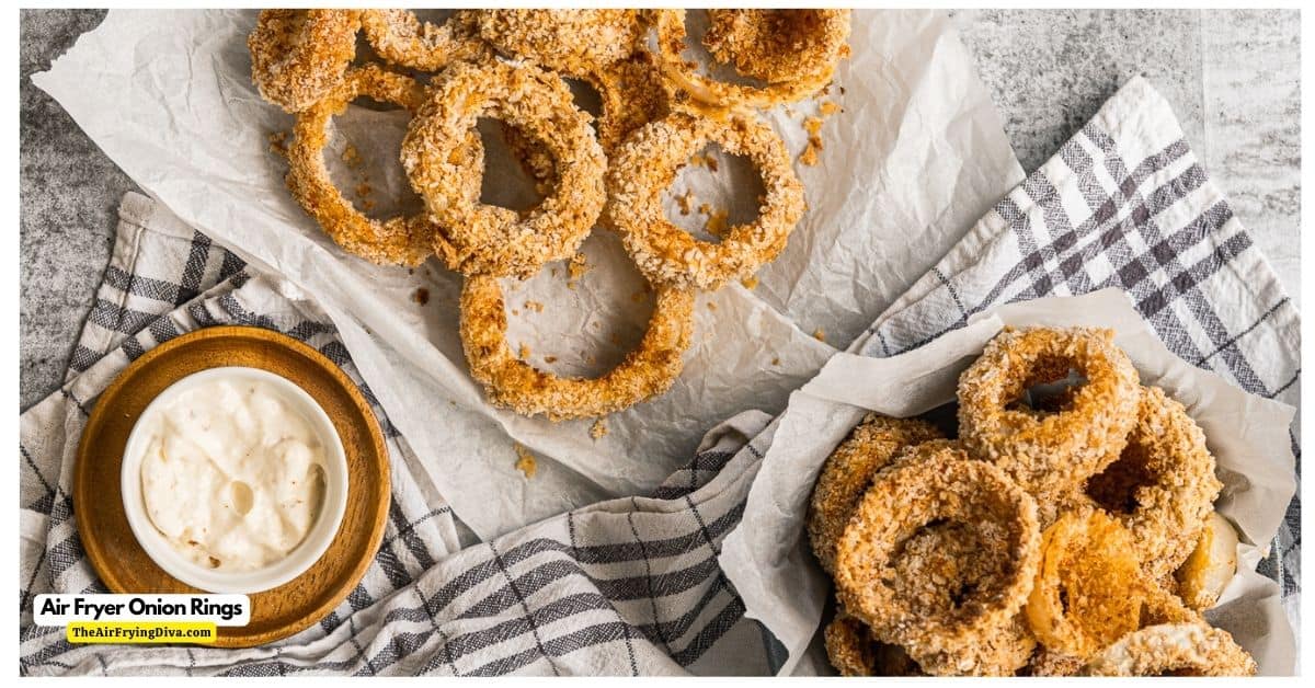 Air Fryer Onion Rings, a quick and easy crunchy and delicious appetizer or side recipe that can be made in about 10 minutes