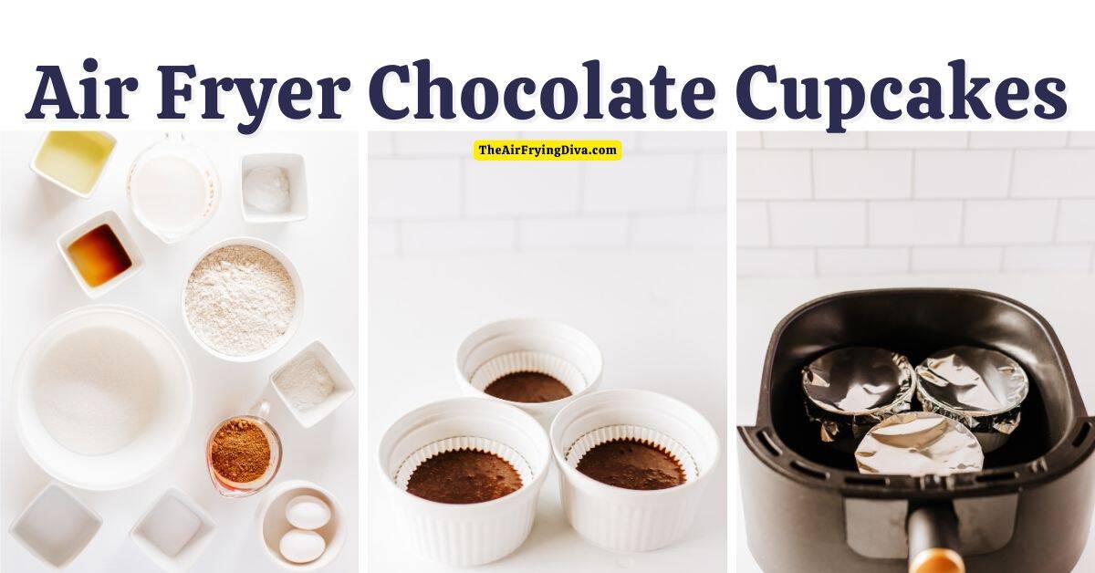 Air Fryer Chocolate Cupcakes, a quick and easy dessert or snack recipe for air fried  moist and flavorful chocolate cupcakes.