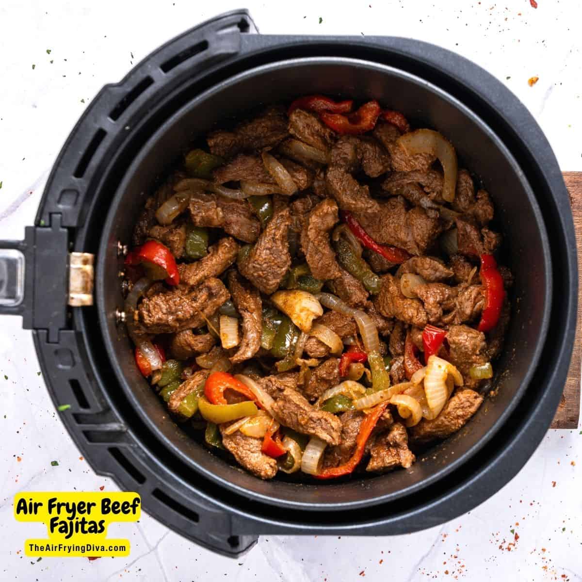 Air Fryer Beef Fajitas, a quick and easy meal recipe made with fresh vegetables and meat in less than a half hour.