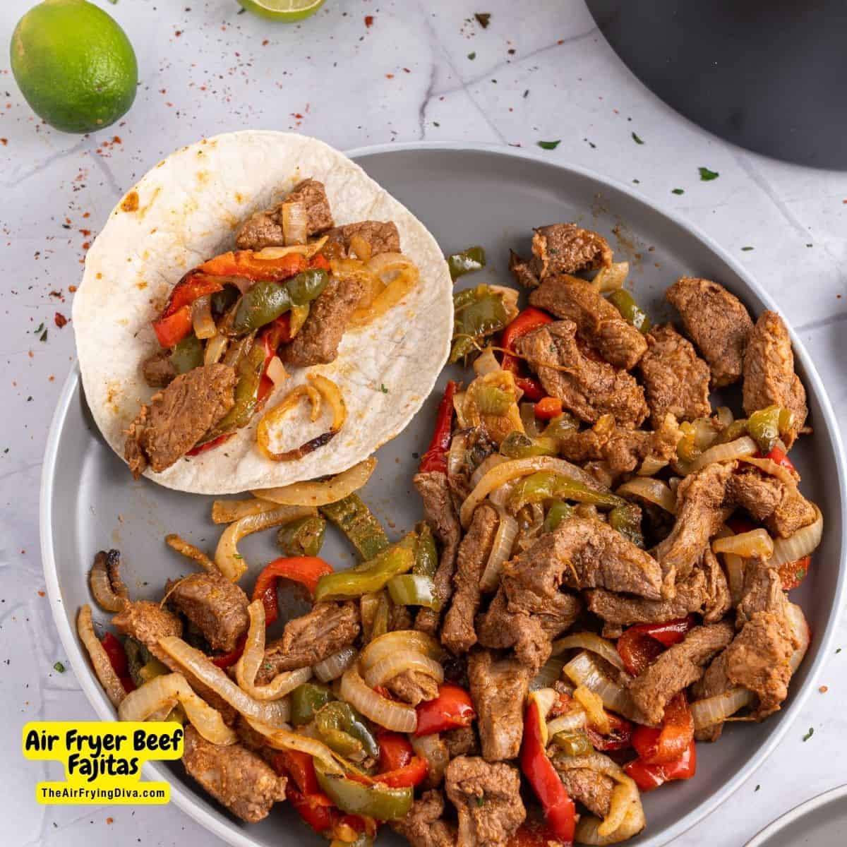 Air Fryer Beef Fajitas, a quick and easy meal recipe made with fresh vegetables and meat in less than a half hour.