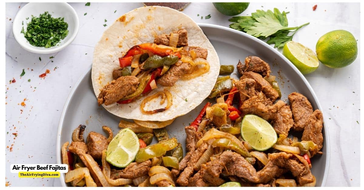 Air Fryer Beef Fajitas, a quick and easy meal recipe made with fresh vegetables and meat in less than a half hour.