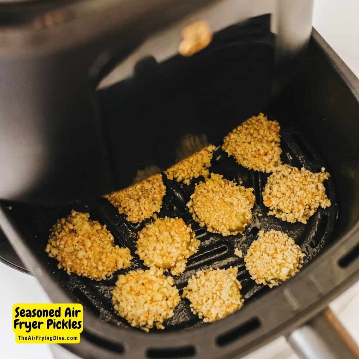 Seasoned Air Fryer Pickles, a simple and delicious appetizer, snack, or side recipe for a healthier fried breaded pickle.