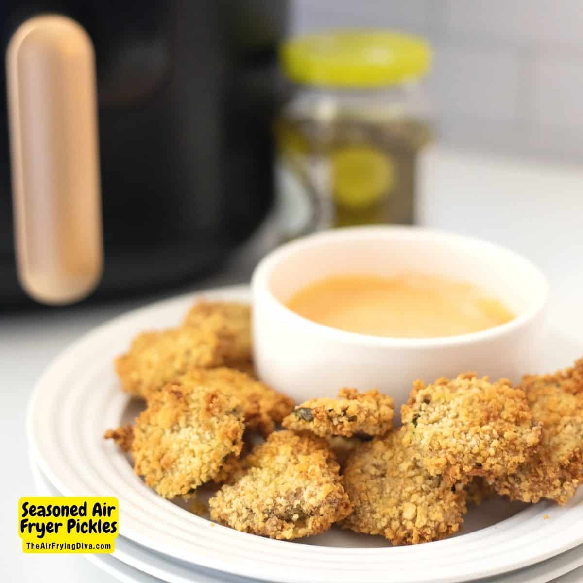 Seasoned Air Fryer Pickles, a simple and delicious appetizer, snack, or side recipe for a healthier fried breaded pickle.