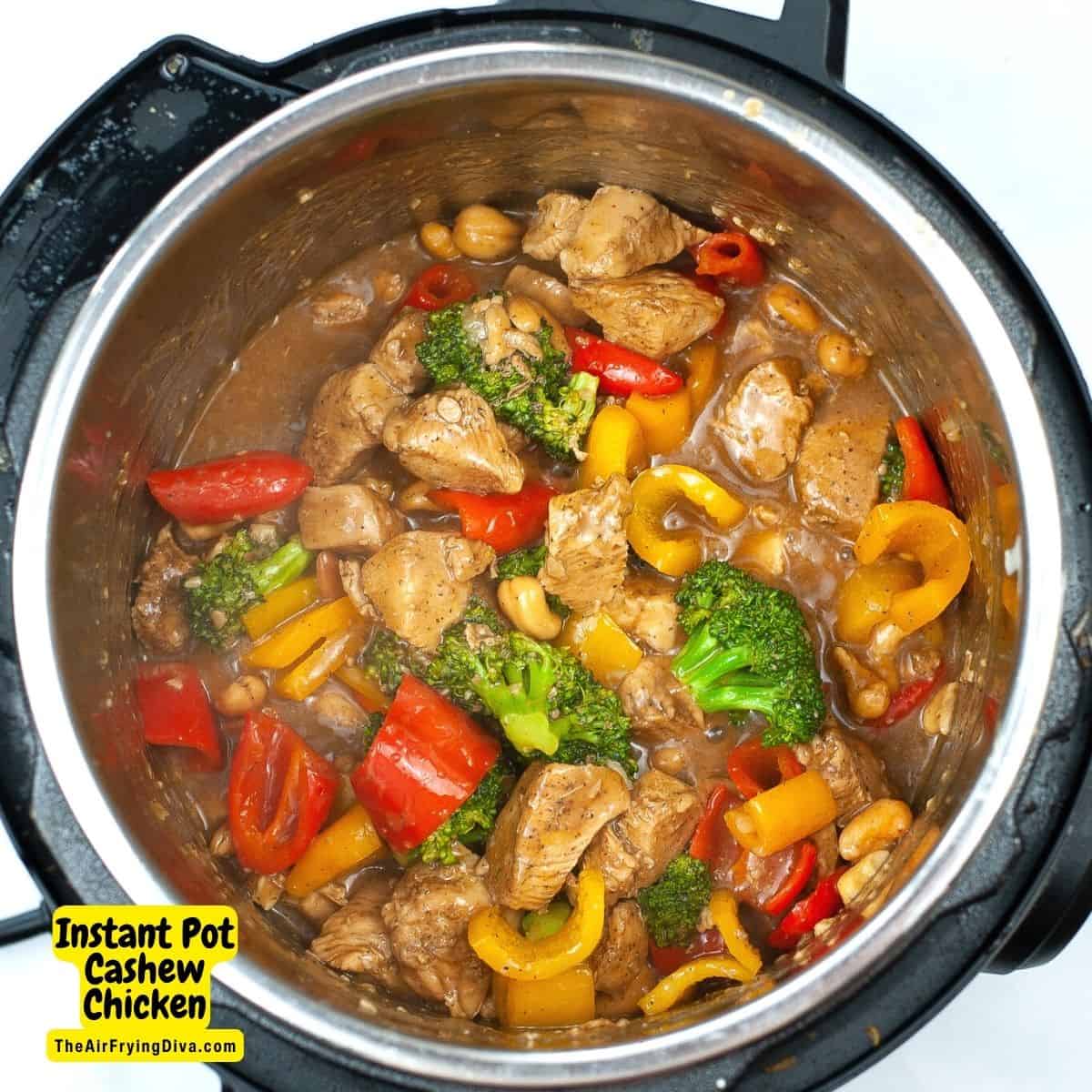 Instant Pot Cashew Chicken, a quick and delicious dinner recipe made with chicken breast, broccoli, and peppers in a pressure cooker