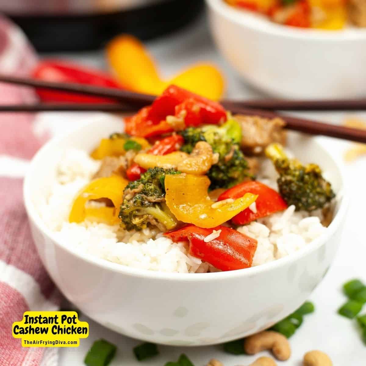 Instant Pot Cashew Chicken, a quick and delicious dinner recipe made with chicken breast, broccoli, and peppers in a pressure cooker