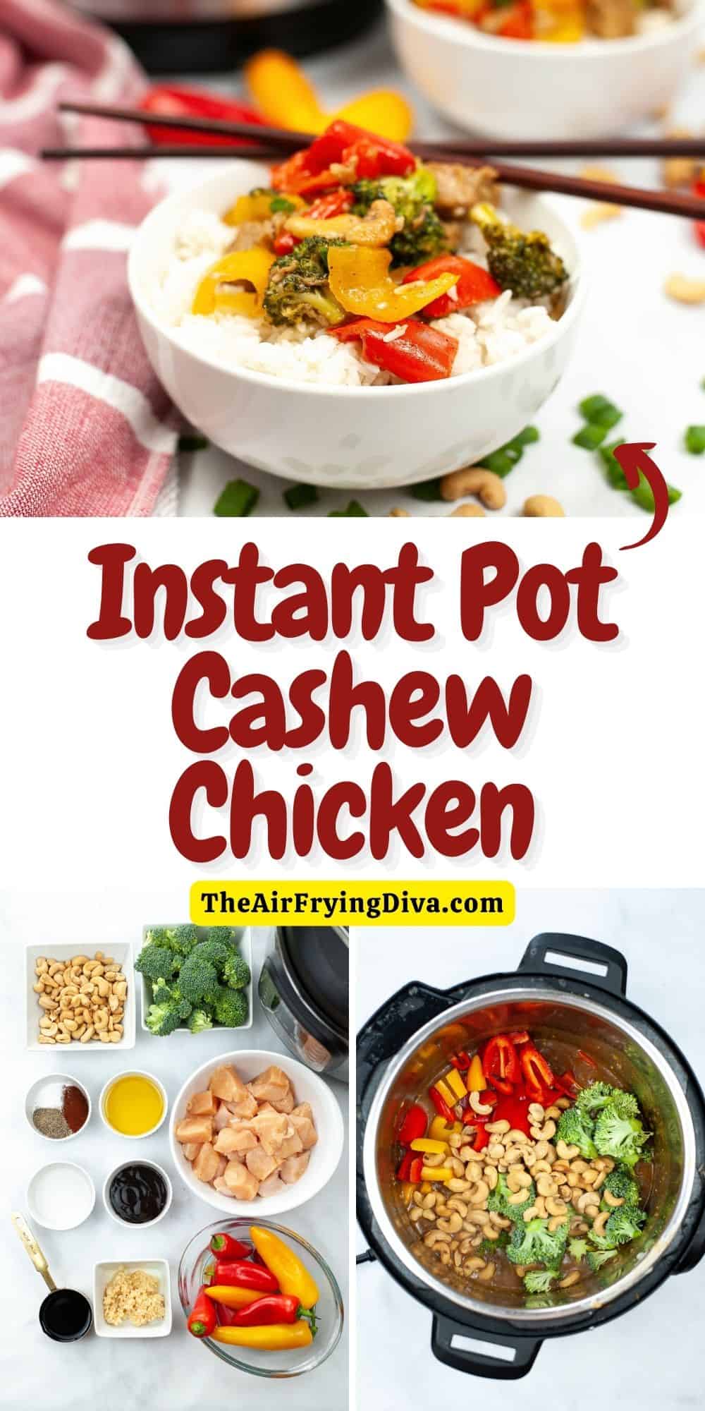 Instant Pot Cashew Chicken, a quick and delicious dinner recipe made with chicken breast, broccoli, and peppers in a pressure cooker