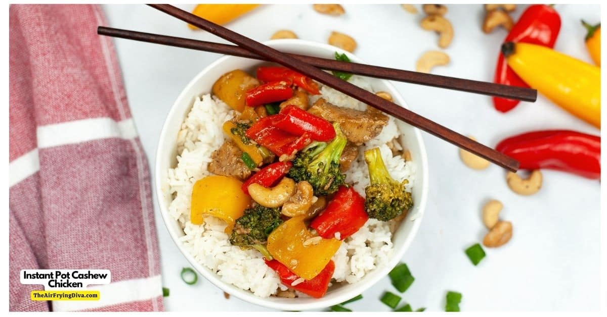 Instant Pot Cashew Chicken, a quick and delicious dinner recipe made with chicken breast, broccoli, and peppers in a pressure cooker