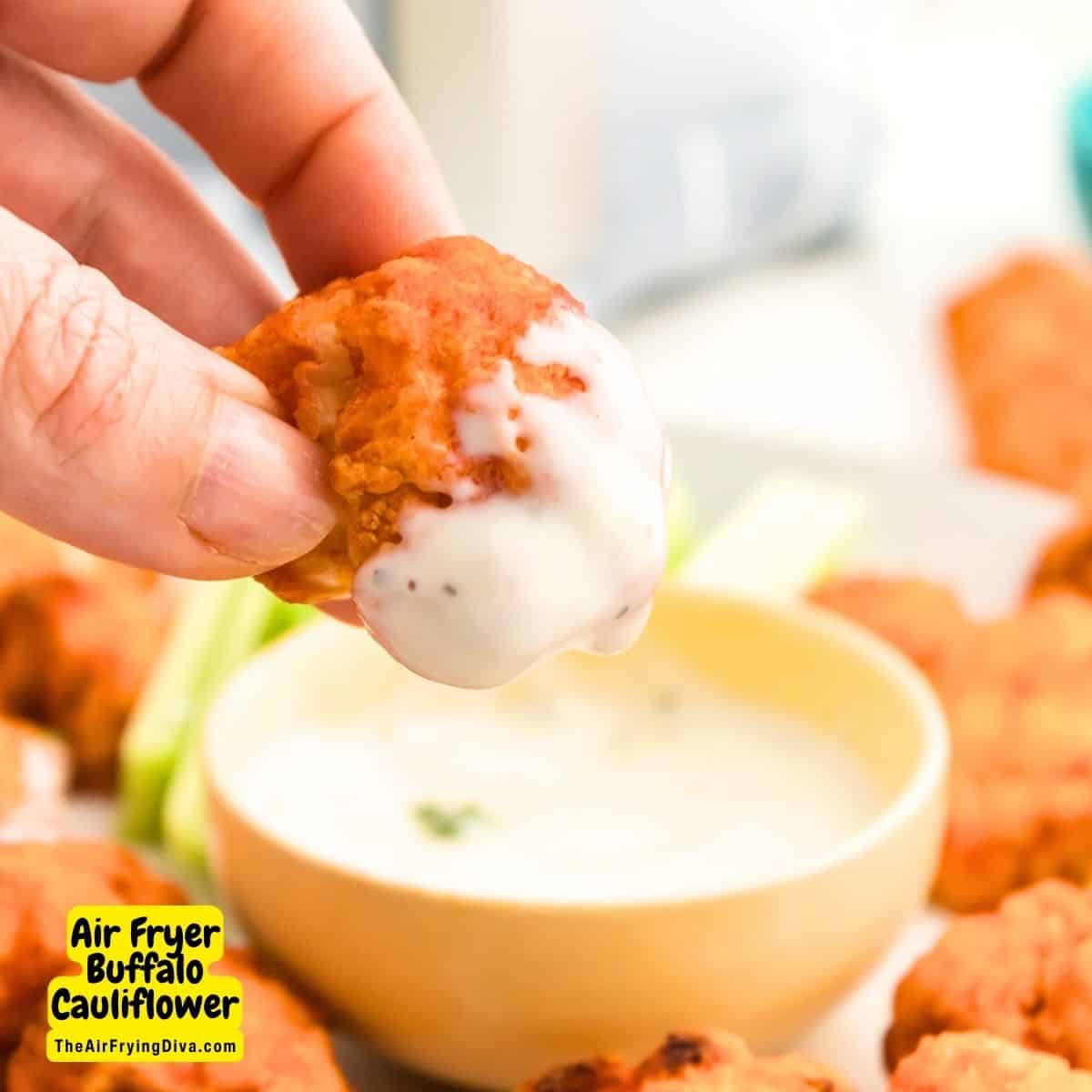 Air Fryer Buffalo Cauliflower, a simple and delicious spicy and crispy appetizer recipe made with just five ingredients.