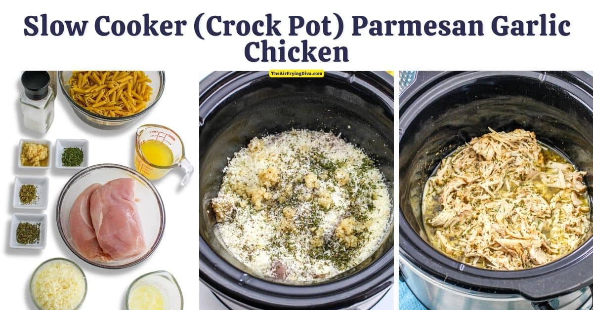 Slow Cooker (Crock Pot) Parmesan Garlic Chicken, a savory and delicious dinner or meal recipe made with chicken breasts in pasta.