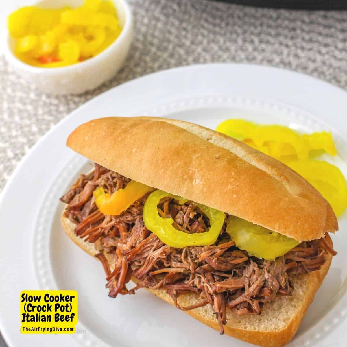 Slow Cooker (Crock Pot) Italian Beef Recipe, a simple and mouthwatering meal idea featuring sliced beef cooked and served in juice.