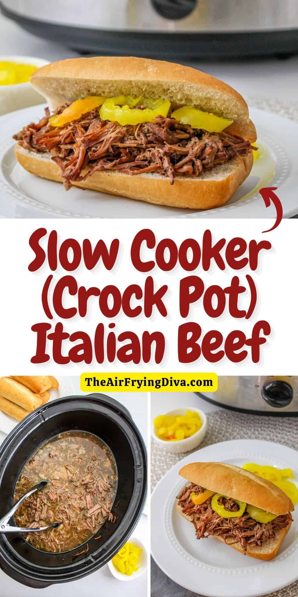 Slow Cooker (Crock Pot) Italian Beef Recipe, a simple and mouthwatering meal idea featuring sliced beef cooked and served in juice.