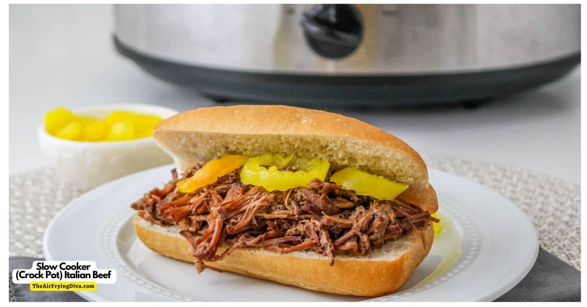 Slow Cooker (Crock Pot) Italian Beef Recipe, a simple and mouthwatering meal idea featuring sliced beef cooked and served in juice.