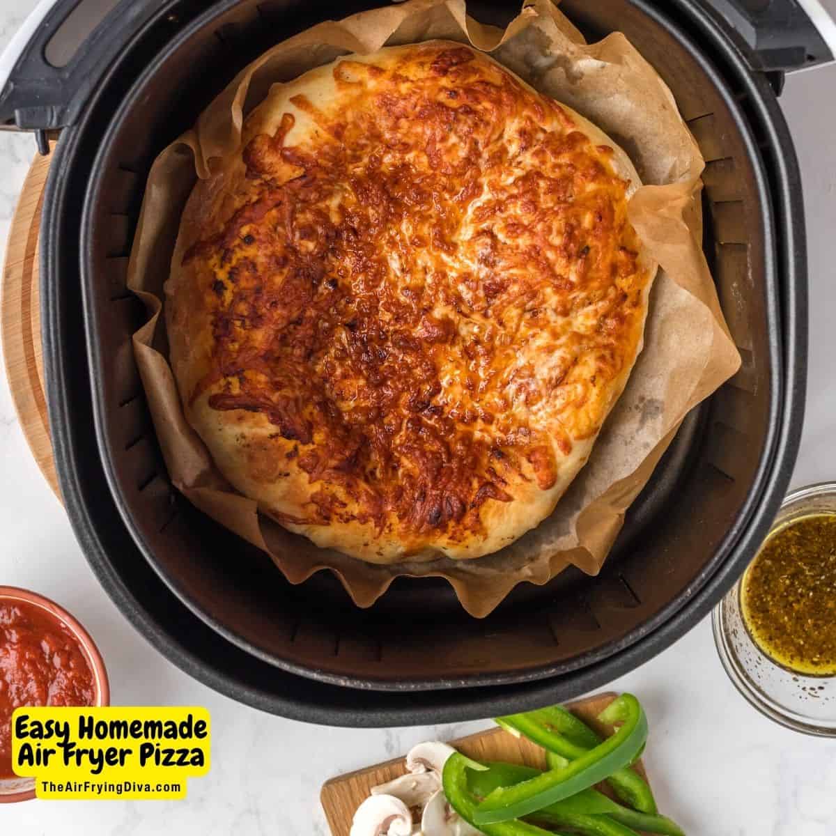 Easy Homemade Air Fryer Pizza, a simple five ingredient recipe for a delicious meal or snack made with dough and toppings.