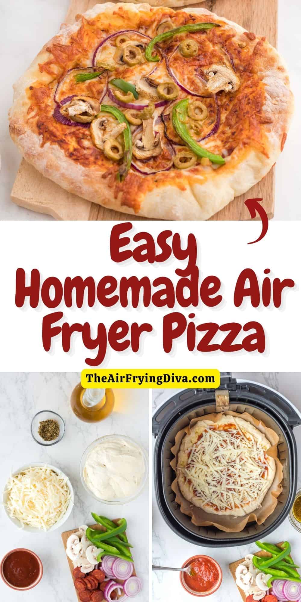 Easy Homemade Air Fryer Pizza, a simple five ingredient recipe for a delicious meal or snack made with dough and toppings.