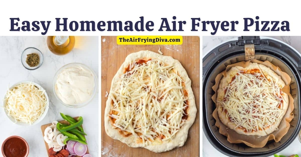 Easy Homemade Air Fryer Pizza, a simple five ingredient recipe for a delicious meal or snack made with dough and toppings.